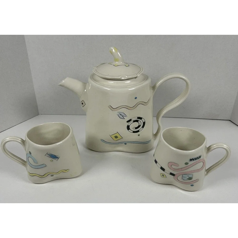 Parker Kuhn Whimsical Art Deco Tea Pot and Cup Set Artist Signed